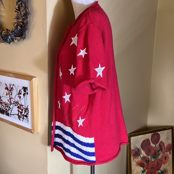 Vintage QUACKER FACTORY Size Large 4th Of July America USA Cardigan Cotton Ramie - Picture 5 of 13